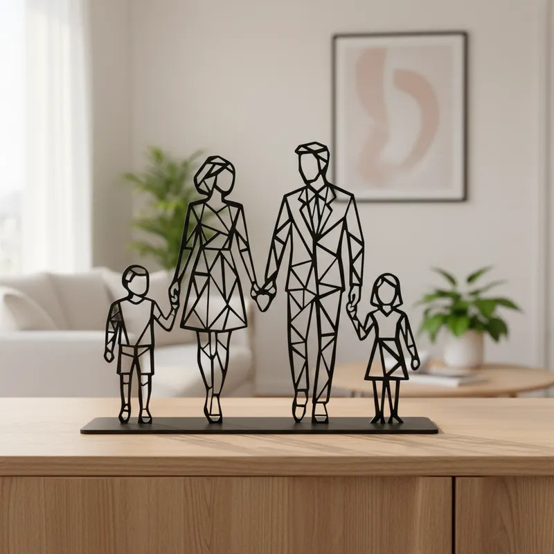 Família Geométrica Preto com Base Pai Mãe Filhos Estilo Minimalista Decoração Moderna para seu lar