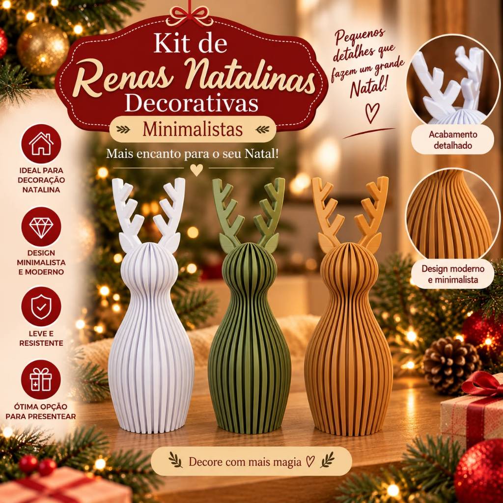 Kit de Renas Natalinas Decorativas Minimalistas – Charme e Elegância para o seu Natal!