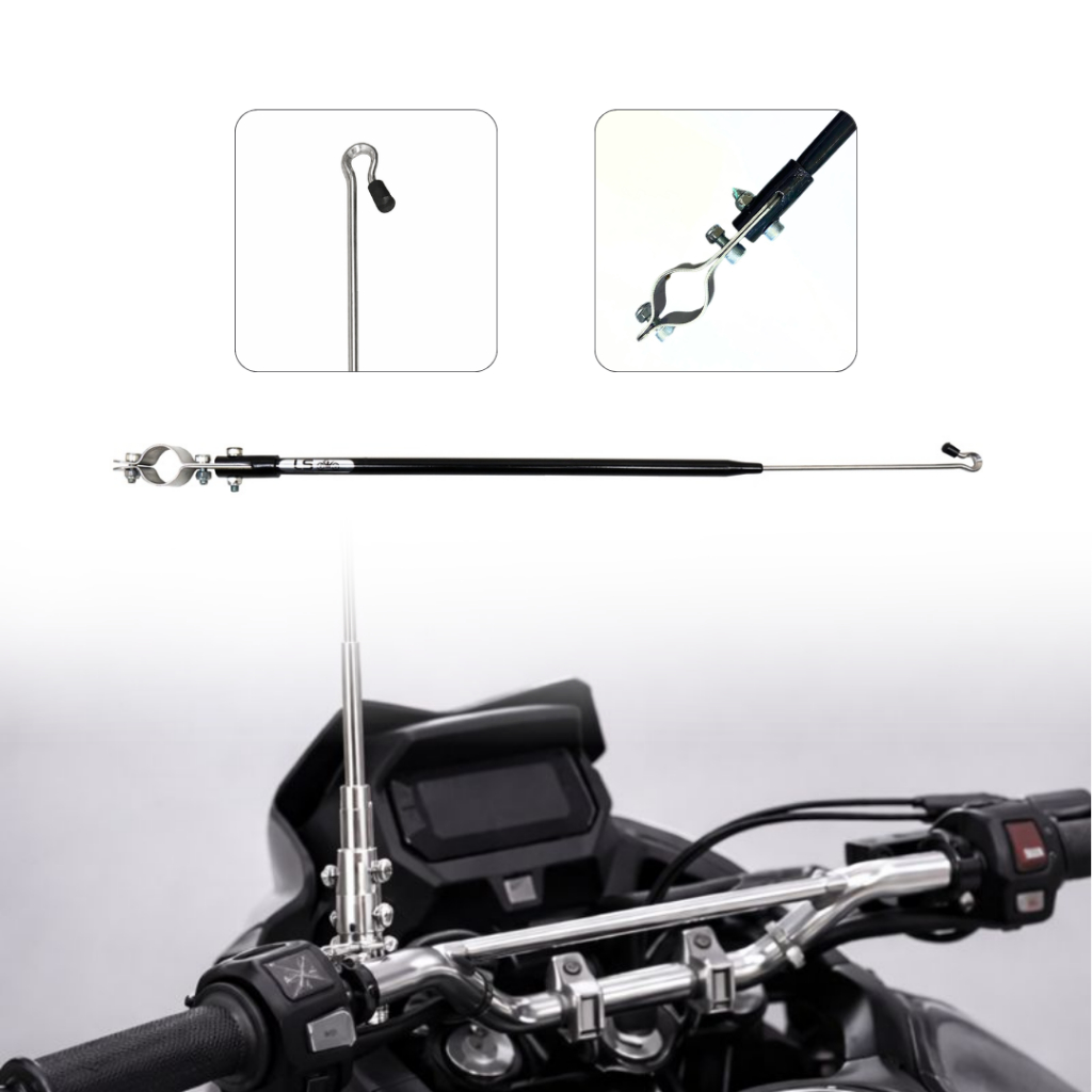 Antena Retrátil Corta-Pipa para Guidão de Moto Cromado 6 Estágios Reclinável Preto Preta