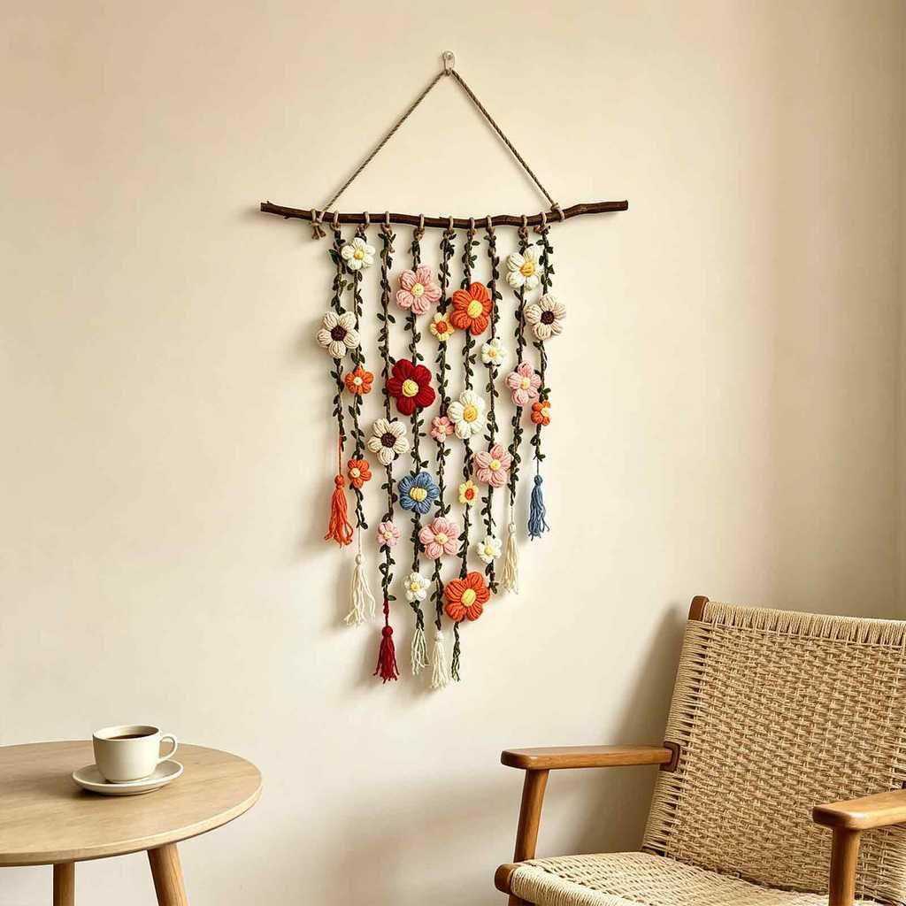 [SKI] Suspensão De Parede De Jardim De Flores De Crochê , Tapeçaria Malha Colorida , Arte Fazenda Boho Feita À Mão Para