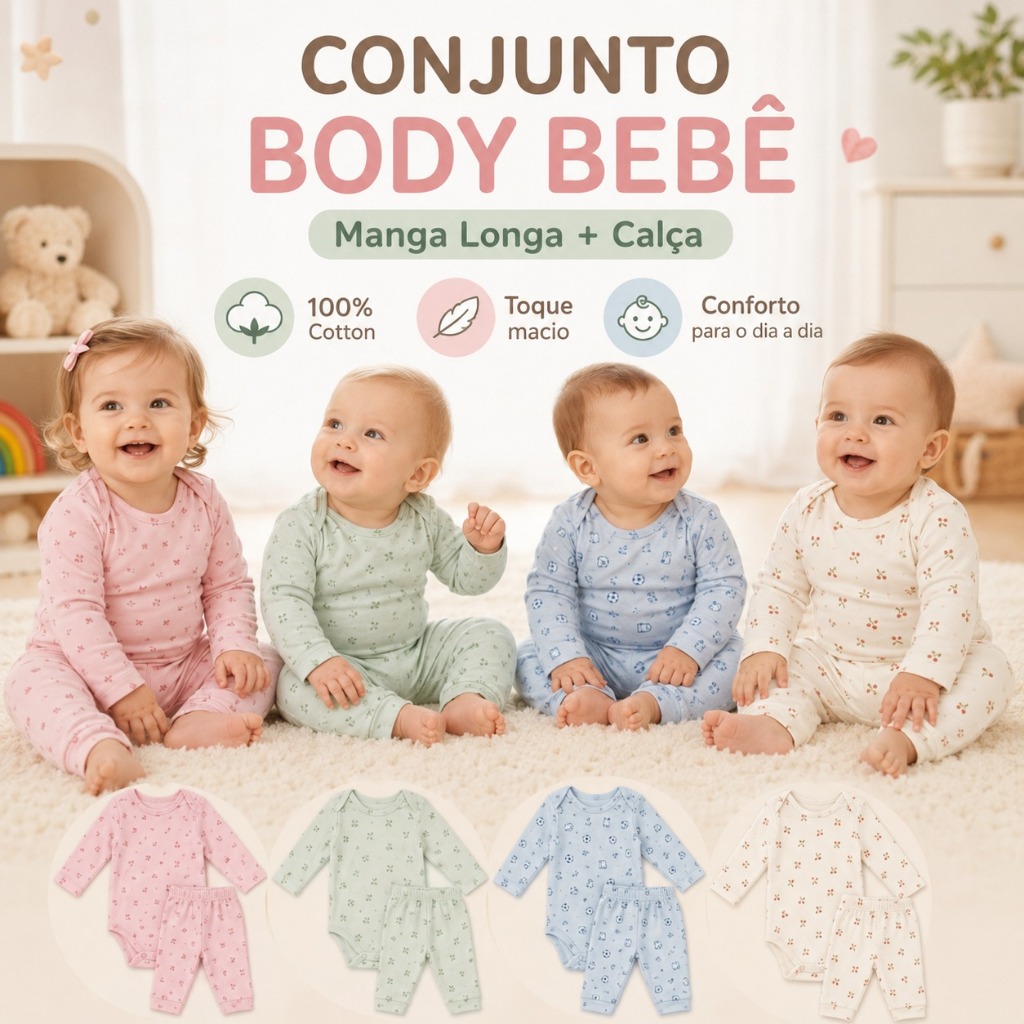 Conjunto Body Bebê Manga Longa 100% Cotton com Calça Estampado Menino Menina