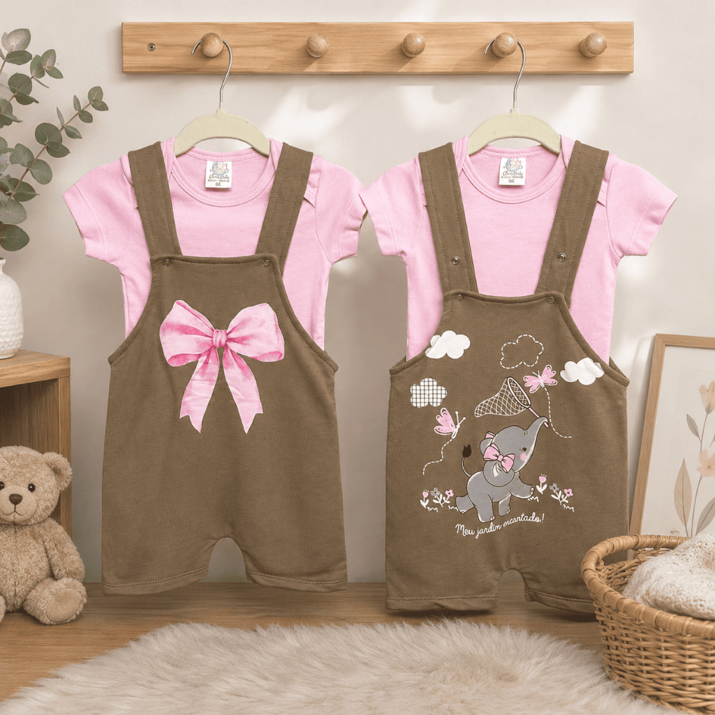 Kit de 2 conjuntos bebê feminino body e jardineira algodão roupa menina verão dia a dia estampado