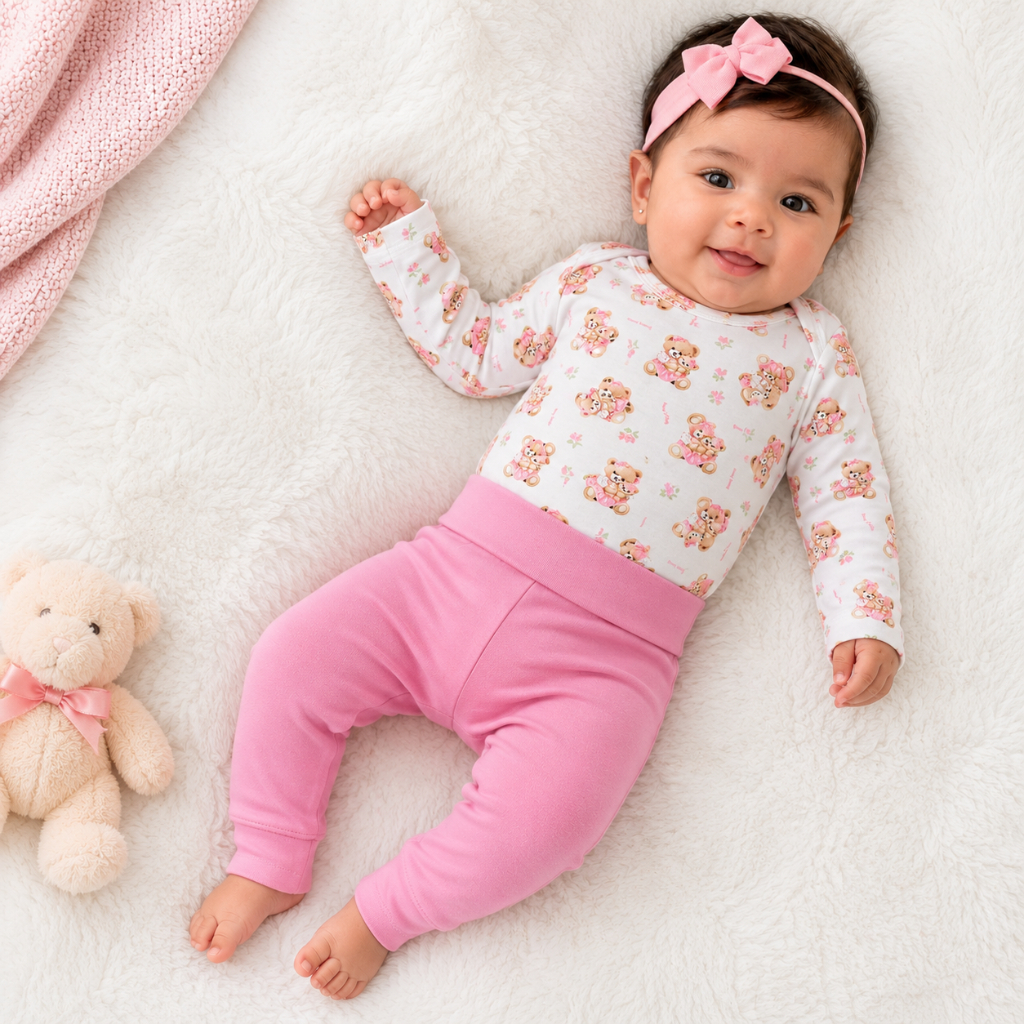 Conjunto Bebê Ursinha Body Suede Estampado + Legging Molecotton