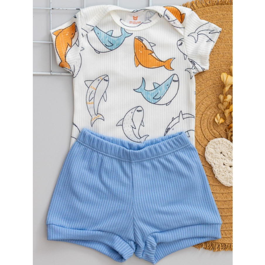 Conjunto Bebê Verão Canelado Infantil Fresquinho Menino Menina Body Estampado Tubarão e Short Azul