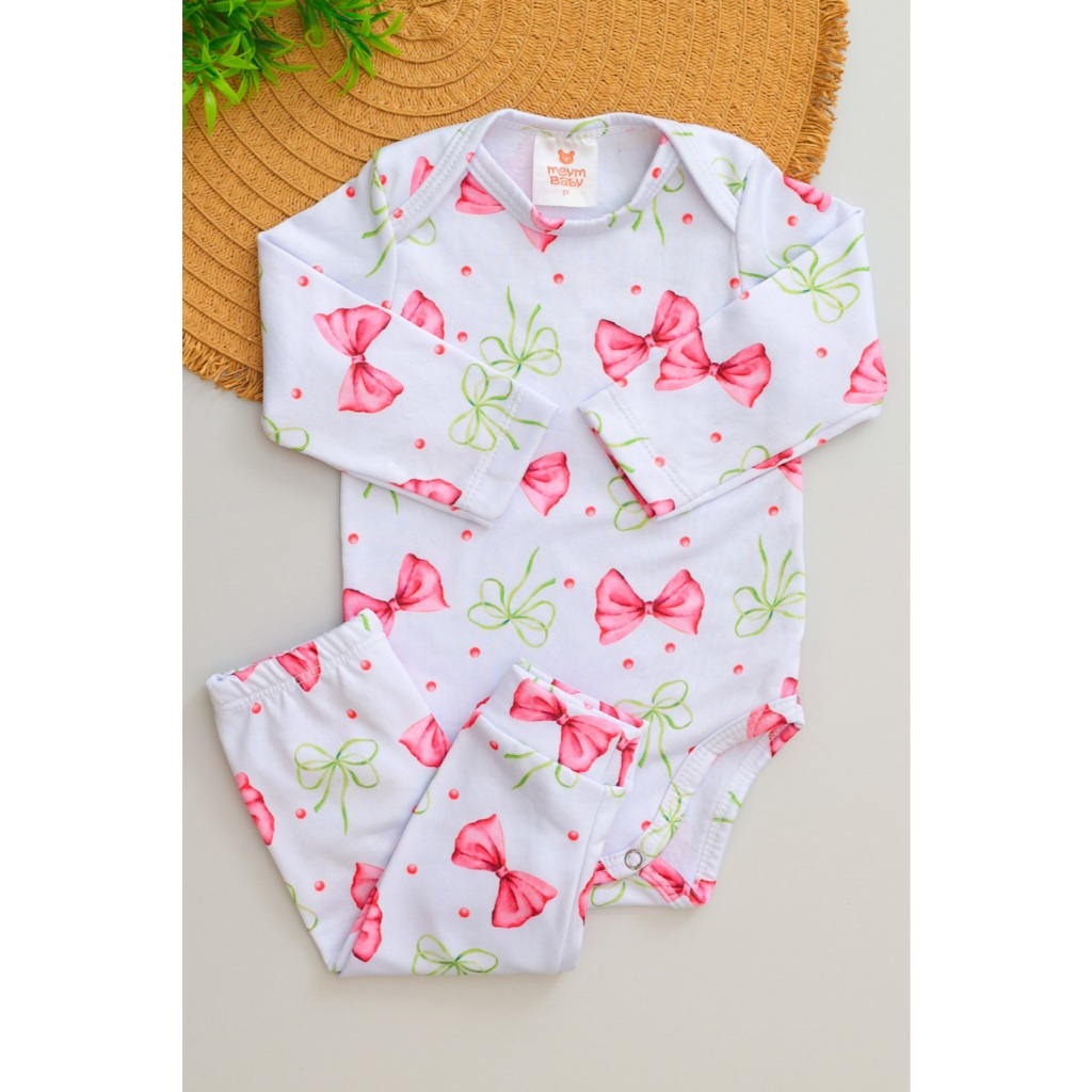 Conjunto Térmico Bebê Menina Pagão Infantil Longo Estampado Laços Quentinho Inverno
