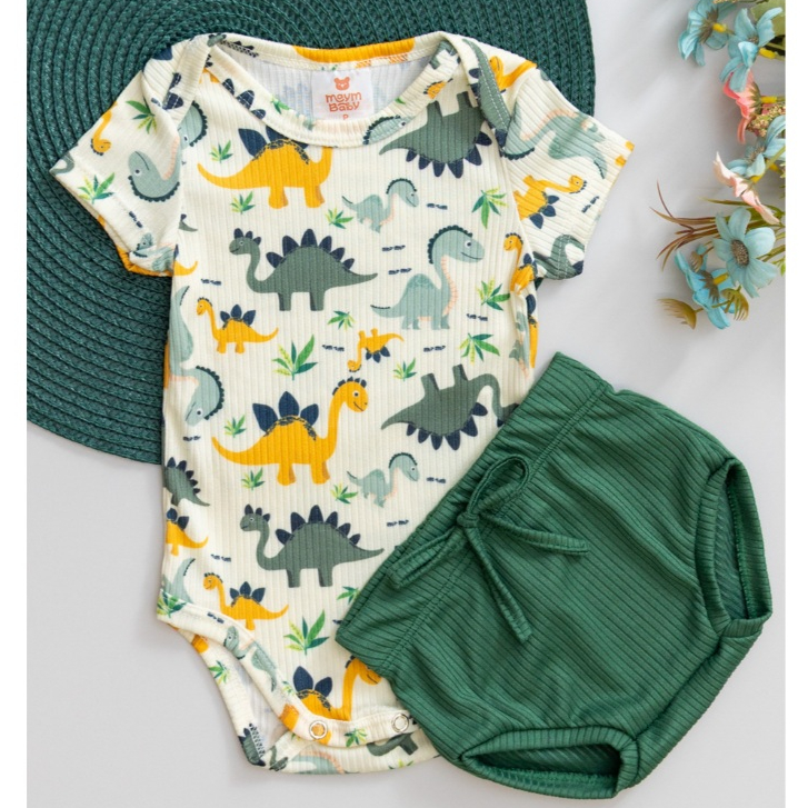 Conjunto Canelado Bebê Verão Fresquinho Menino Menina Body Infantil Estampado Dino e Tapa Fralda Verde