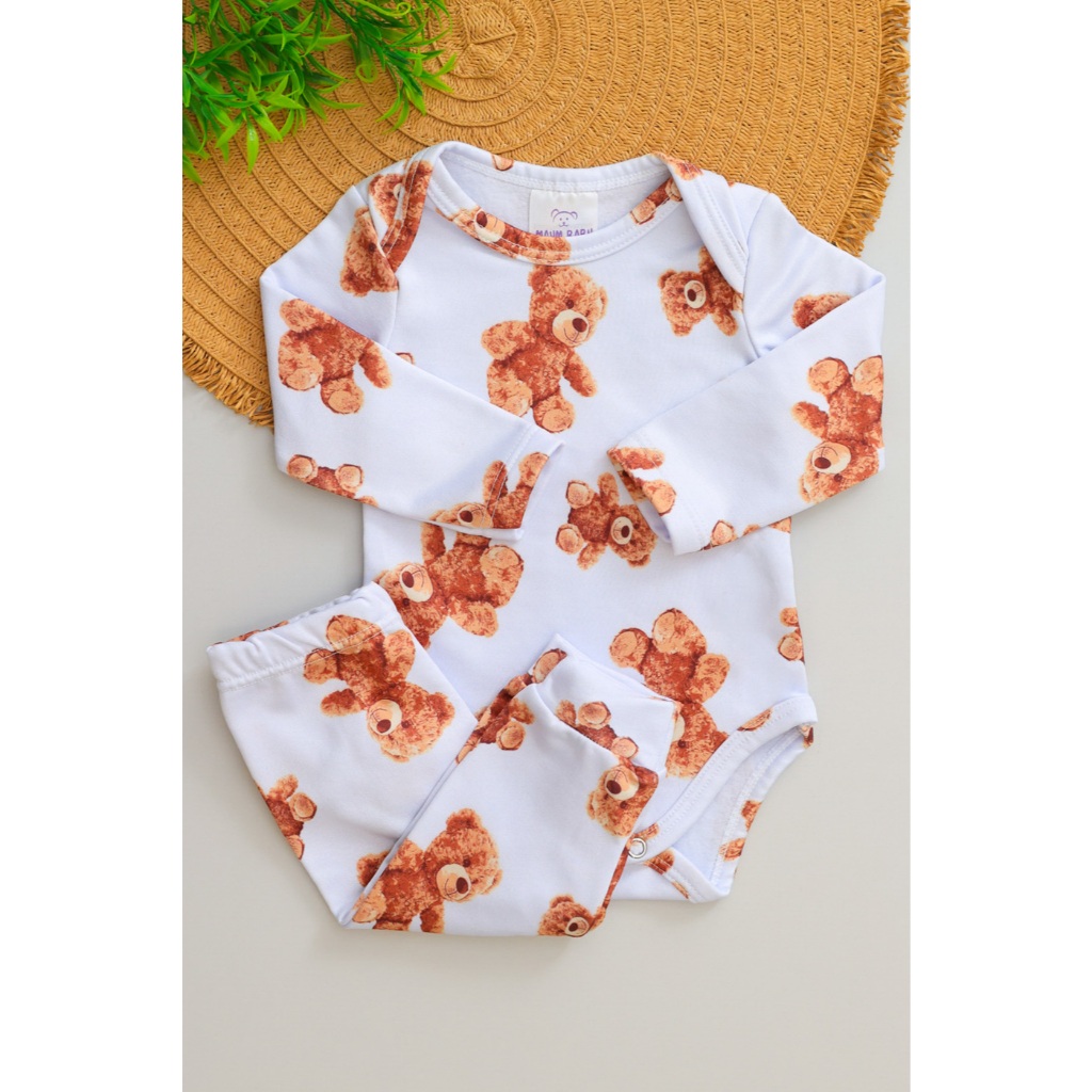 Conjunto Térmico Bebê Menino Menina Pagão Infantil Longo Estampado Urso Marrom Quentinho Inverno