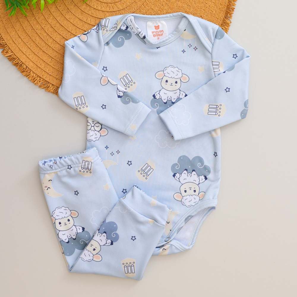 Conjunto Térmico Bebê Infantil Inverno Pagão Longo Quentinho Body e Calça Estampado Ovelha Menino e Menina
