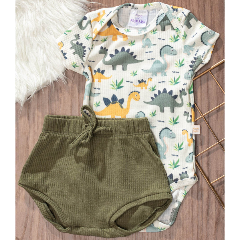 Conjunto Bebê Canelado Infantil Verão Body Estampado Dino Verde e Tapa Fralda Verde Liso Cós Elástico Menino