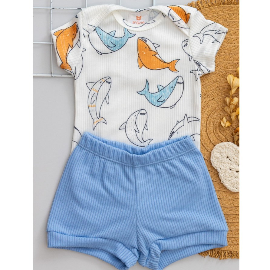 Conjunto Canelado Bebê Infantil Verão Body Estampado Tubarão e Short Azul Menino