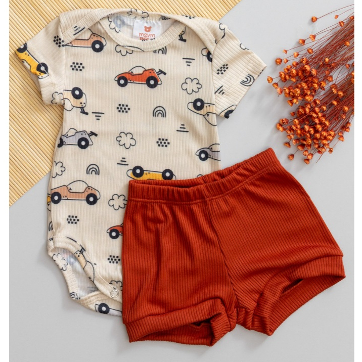 Conjunto Bebê Canelado Infantil Verão Body Estampado Carrinho e Short Liso Telha Menino
