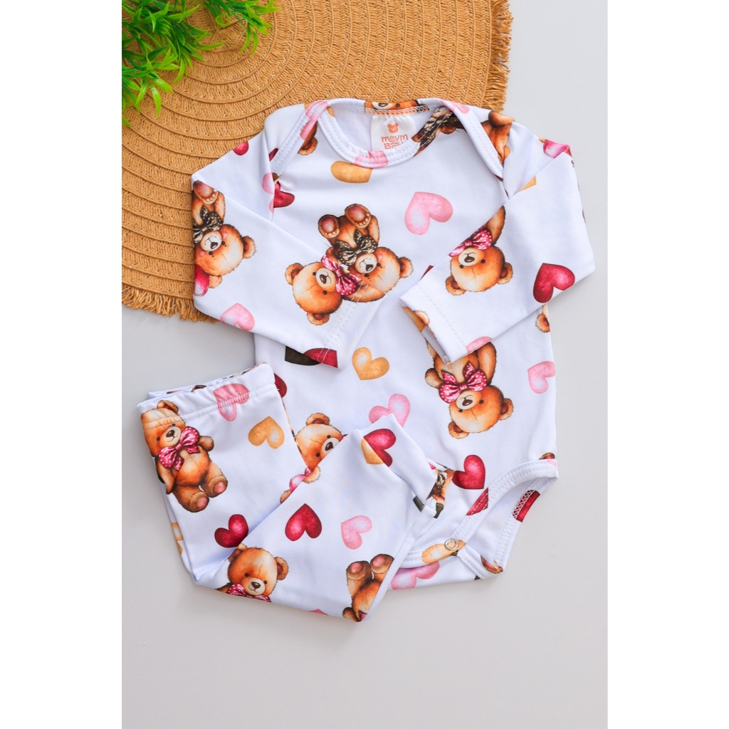 Conjunto Térmico Bebê Pagão Longo Infantil Estampado Urso Corações Menina