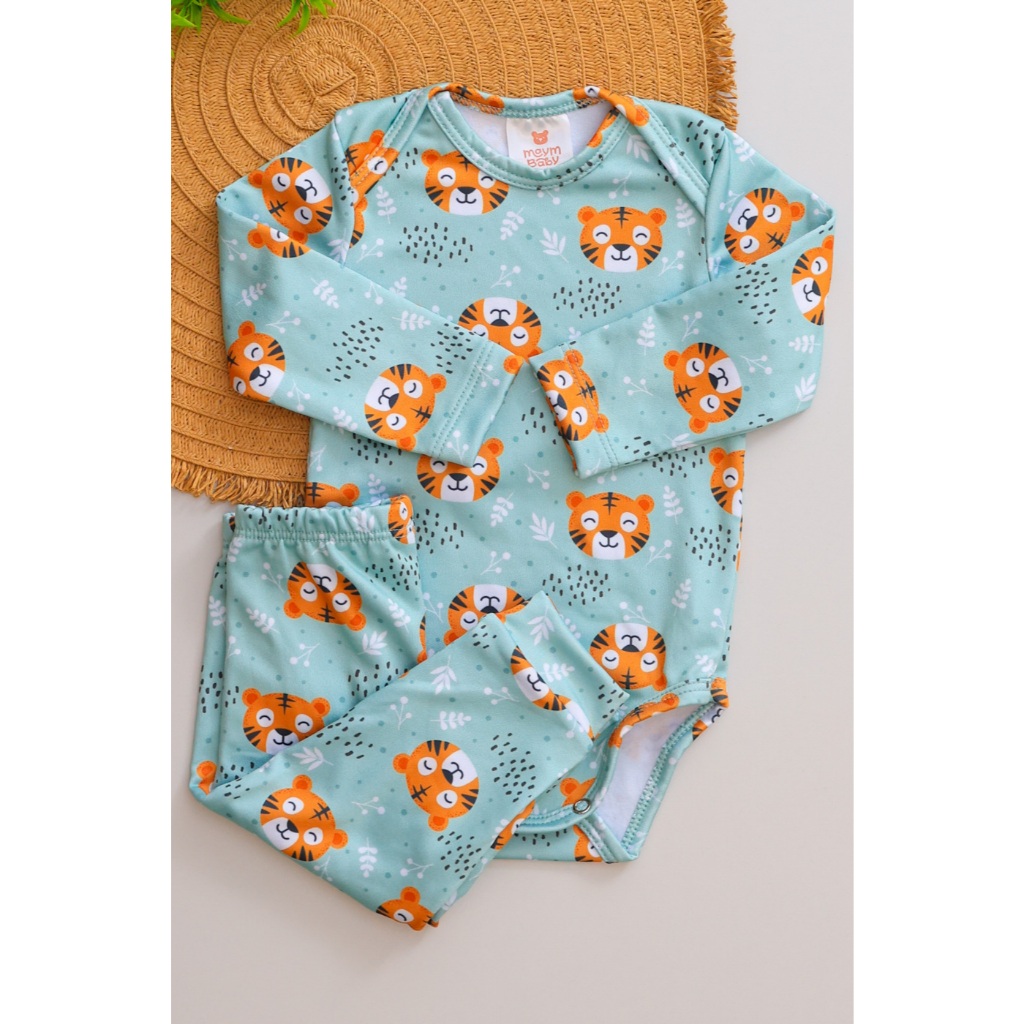 Conjunto Térmico Bebê Pagão Longo Infantil Verde Estampado Tigre Menino