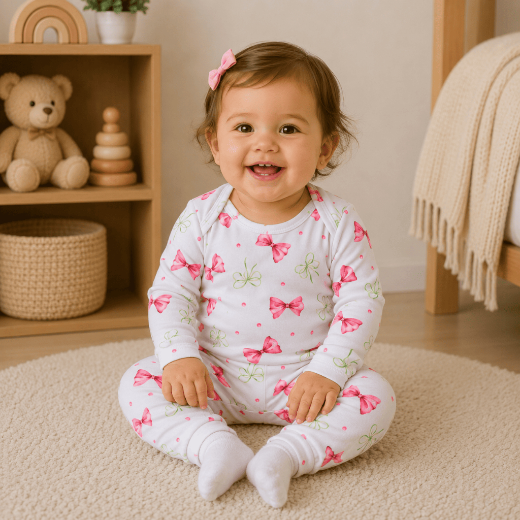 Conjunto Térmico Menina Bebê Infantil Pagão Longo Estampado Laços Rosa Quentinho Inverno