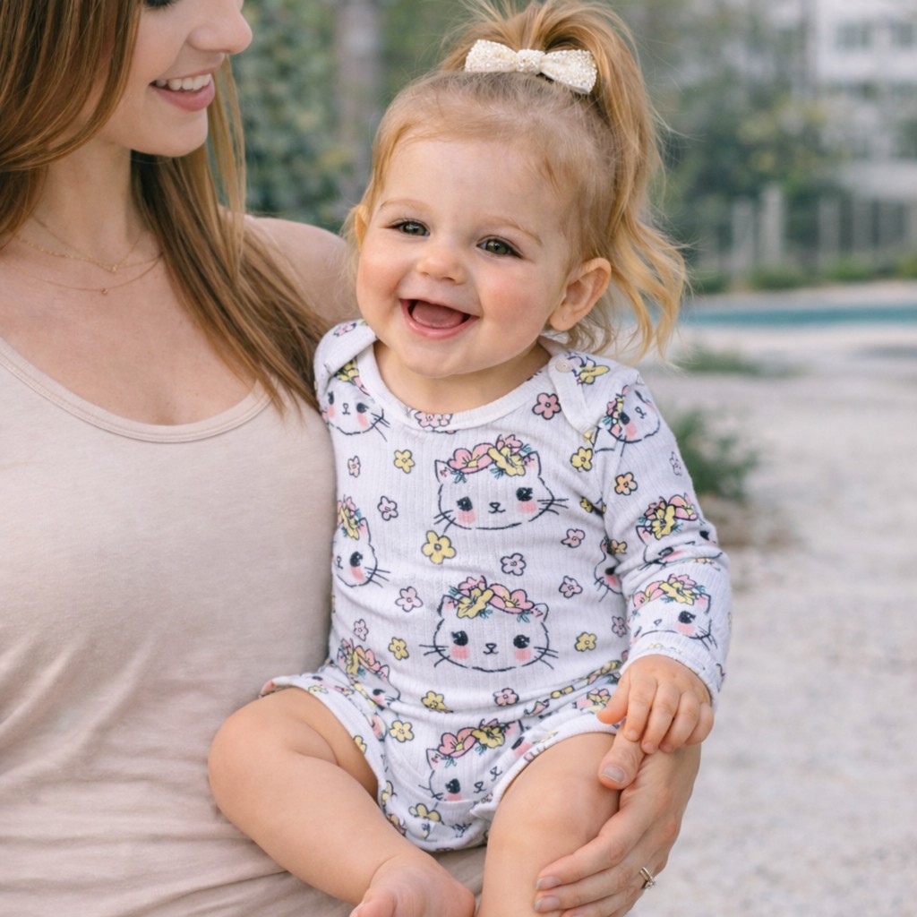 Body Bebê Longo Canelado Infantil Estampado Gatinha com Flores Menina