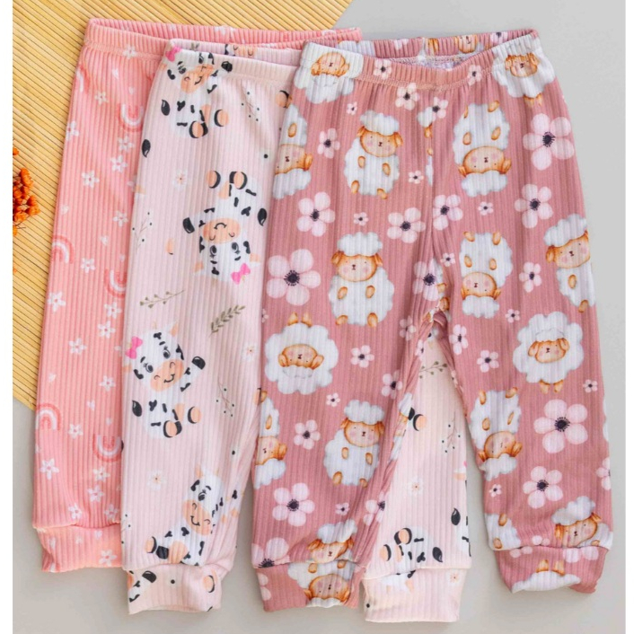 Kit 3 Calças Bebê Femininas Canelada Rosa Estampada Ovelhinha Vaquinha Flores Menina