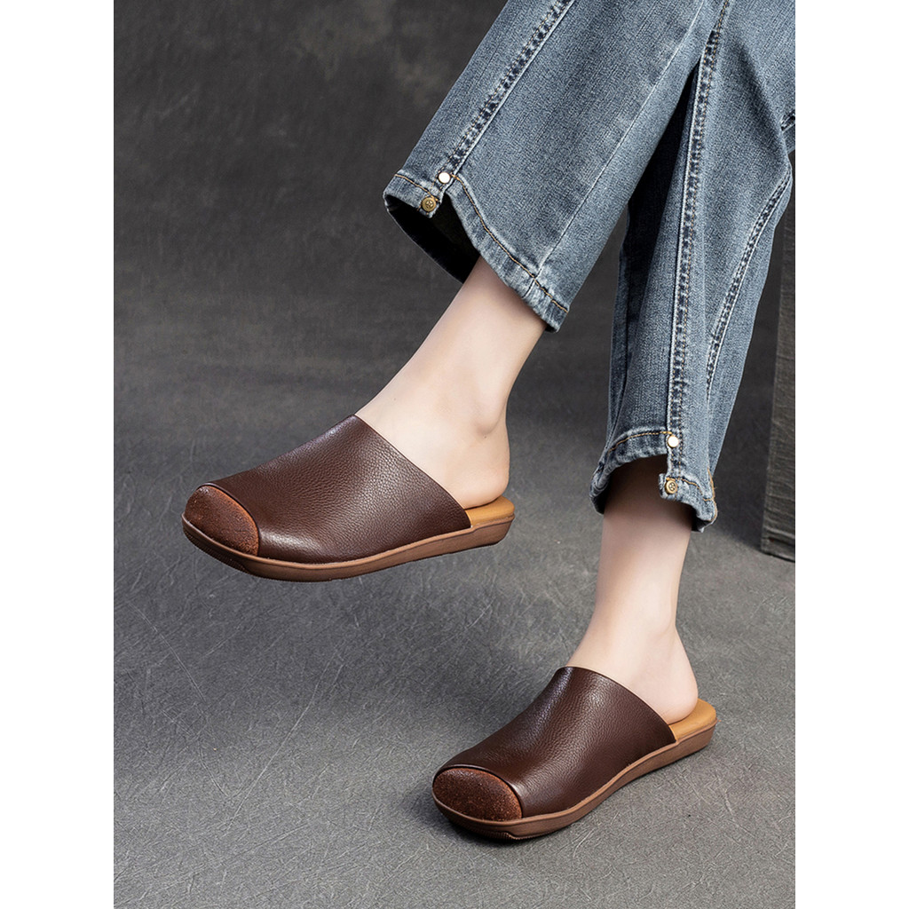 Jet verão estilo exterior usar High-End sentimento não cansado Toe-coberto meia chinelos feminino couro sola macia Retro