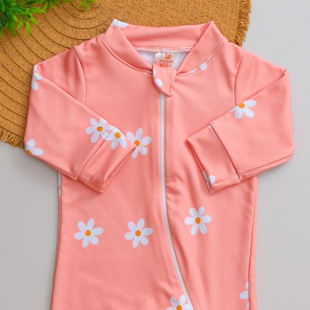 Macacão Bebê Longo Infantil Térmico Rosa Estampado Flores Menina com Zíper