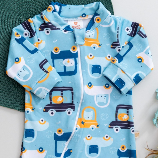 Macacão Térmico Infantil Bebê Azul Estampado Carrinhos com Zíper Menino