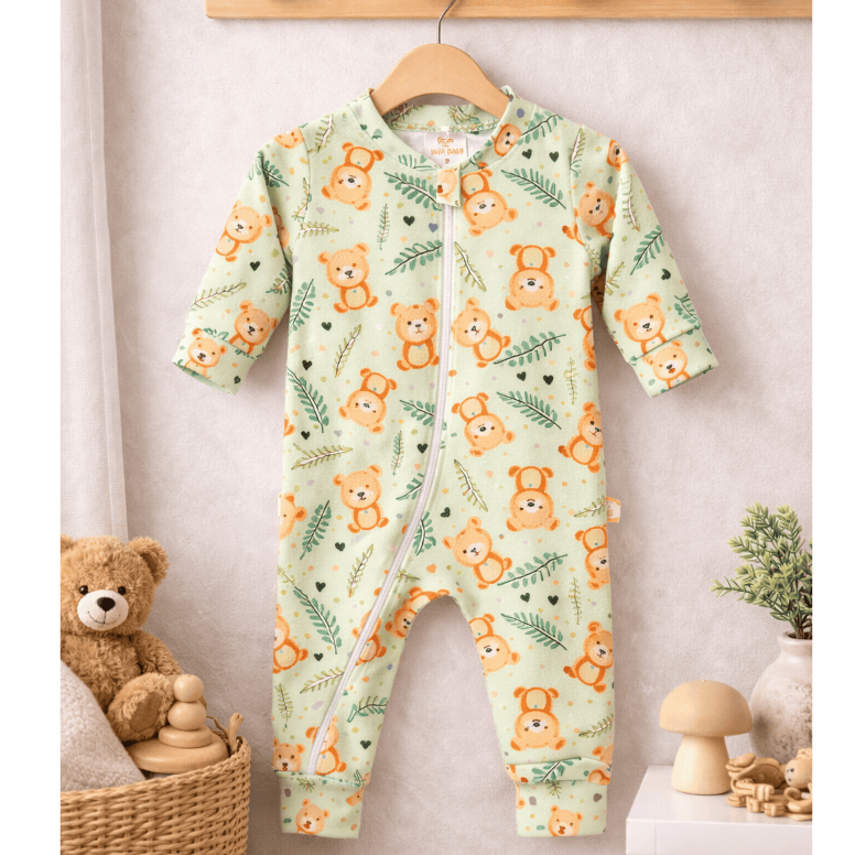 Macacão Bebê Térmico Infantil Verde Estampado Ursinho com Zíper Menino