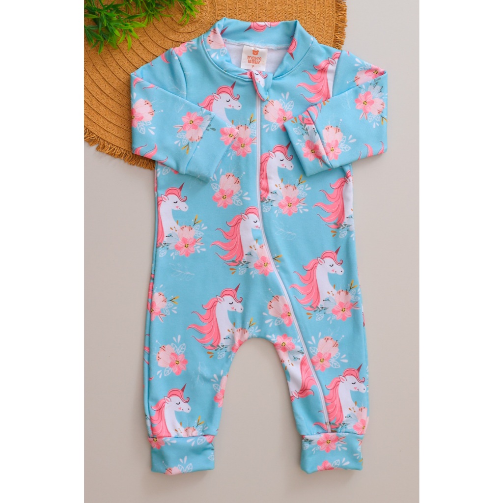 Macacão Bebê Longo Térmico Infantil Azul Estampado Unicórnio Menina com Zíper