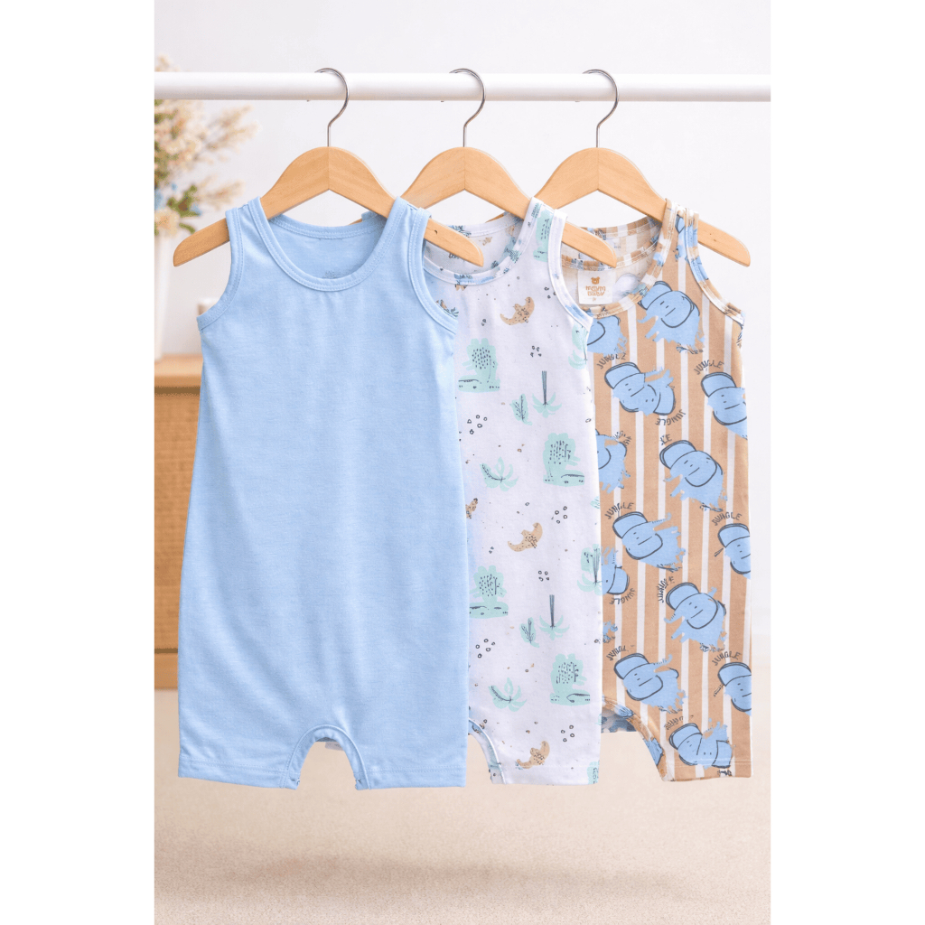 Kit 3 Macacões Bebê Regata Infantil Azul Estampado Elefante e Dinossauro Masculino