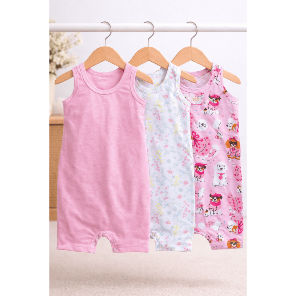 Kit 3 Macacões Bebê Infantil Regata Liso e Estampado Cachorrinhos Rosa Menina