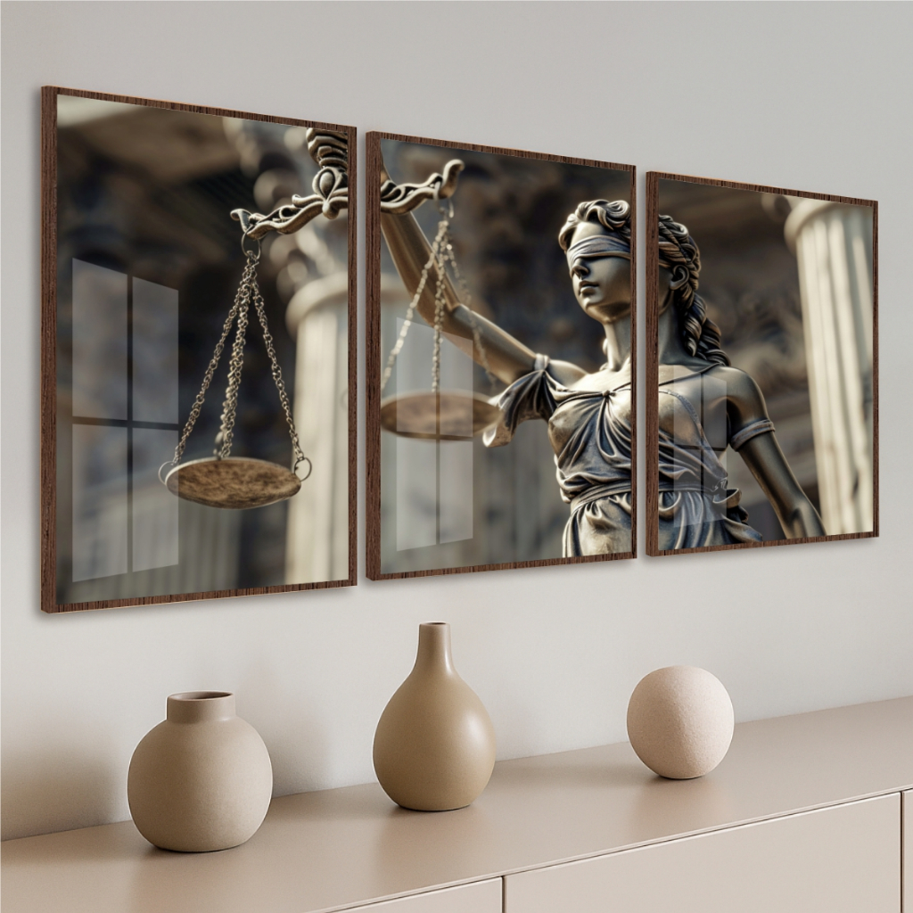 Kit Três Quadros Deusa Da Justiça Segurando Balança Para Decoração Escritório Advocacia Direito