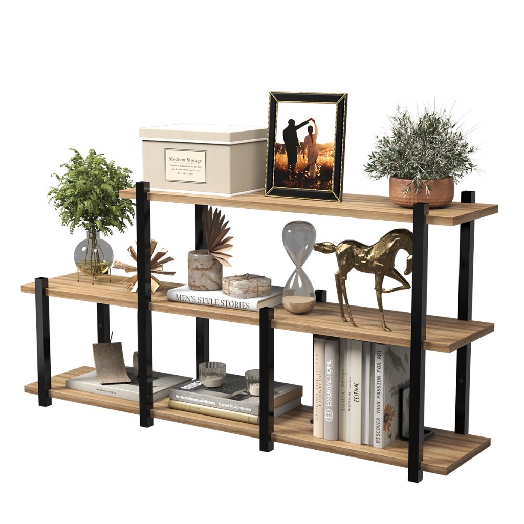 Prateleira Industrial de Parede em Ferro Preto com Madeira Laminada Modelo Nicho Triplo