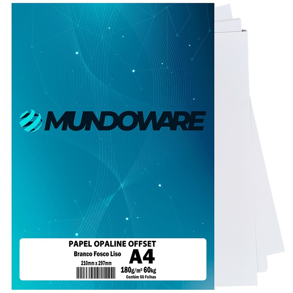 Papel Opaline Liso A4 180g 60kg Offset Branco com 50 folhas Mundoware