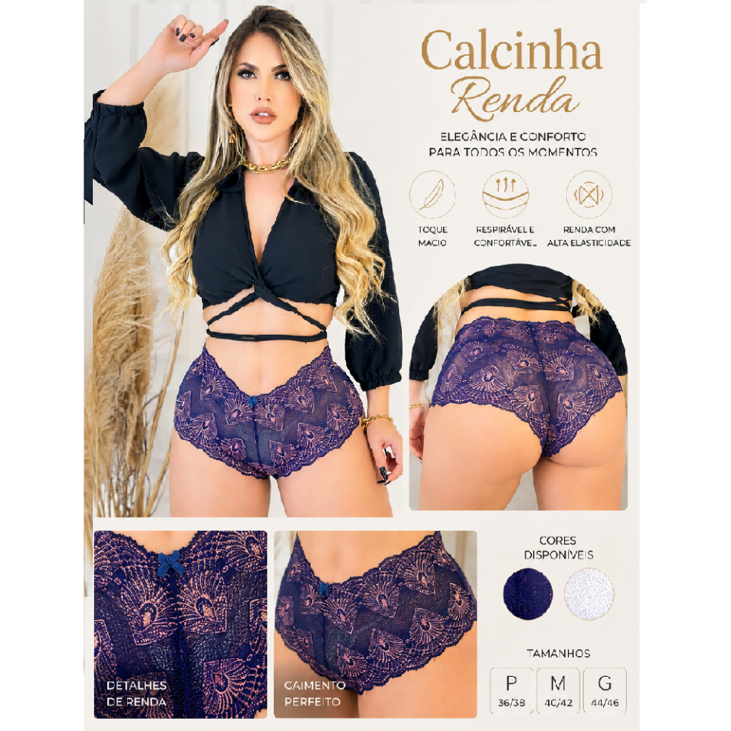 Kit 5 Calcinhas Femininas de Renda Cores,Moda Dinâmica