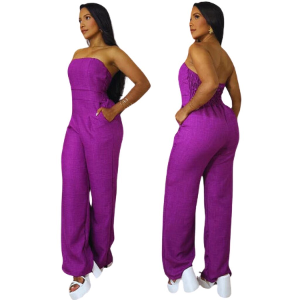 Macacão Feminino de Alfaitaria Lilás Tomara que Caia com Calça Pantalona, Moda Dinâmica