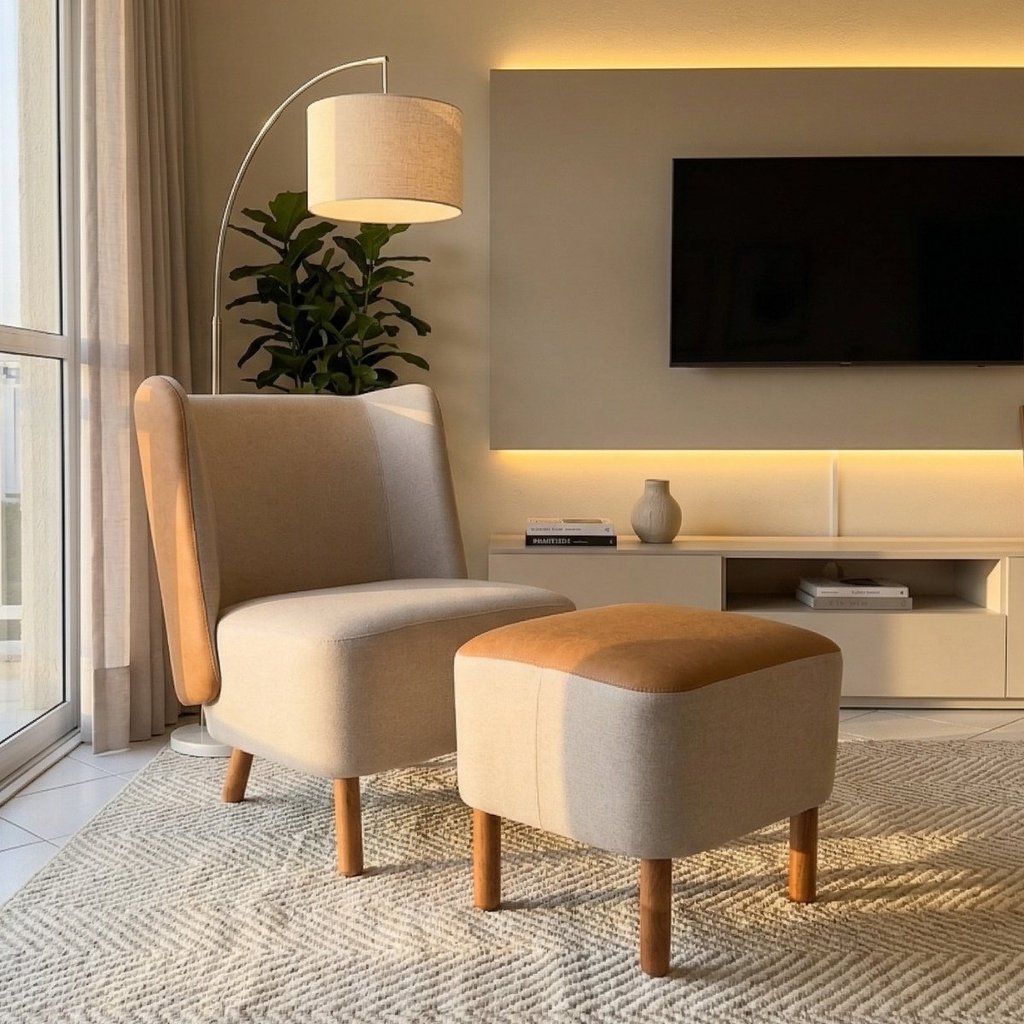 Poltrona Com Puff Elegante Confortável Anatômica Sala Quarto Recepção Compose Linho Bege Corino Caramelo Nordic