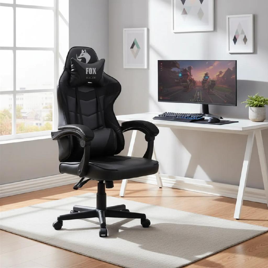 Cadeira de Escritório Gamer Giratória Fox Racer Nordic Preta Com Encosto Reclinável