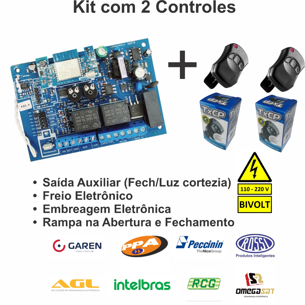 KIT Central Placa Motor Portão Universal Wifi Abra Pelo Celular APP Gratuito + 2 Controles Remoto
