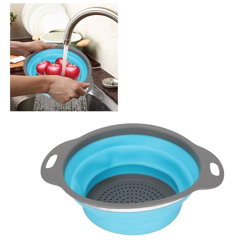 ESCORREDOR DE ALIMENTOS AZUL SILICONE RETRATIL PORTATIL MACARRAO LAVAR LEGUMES SALADA FRUTAS COZINHA VERSATILIDADE GARAN