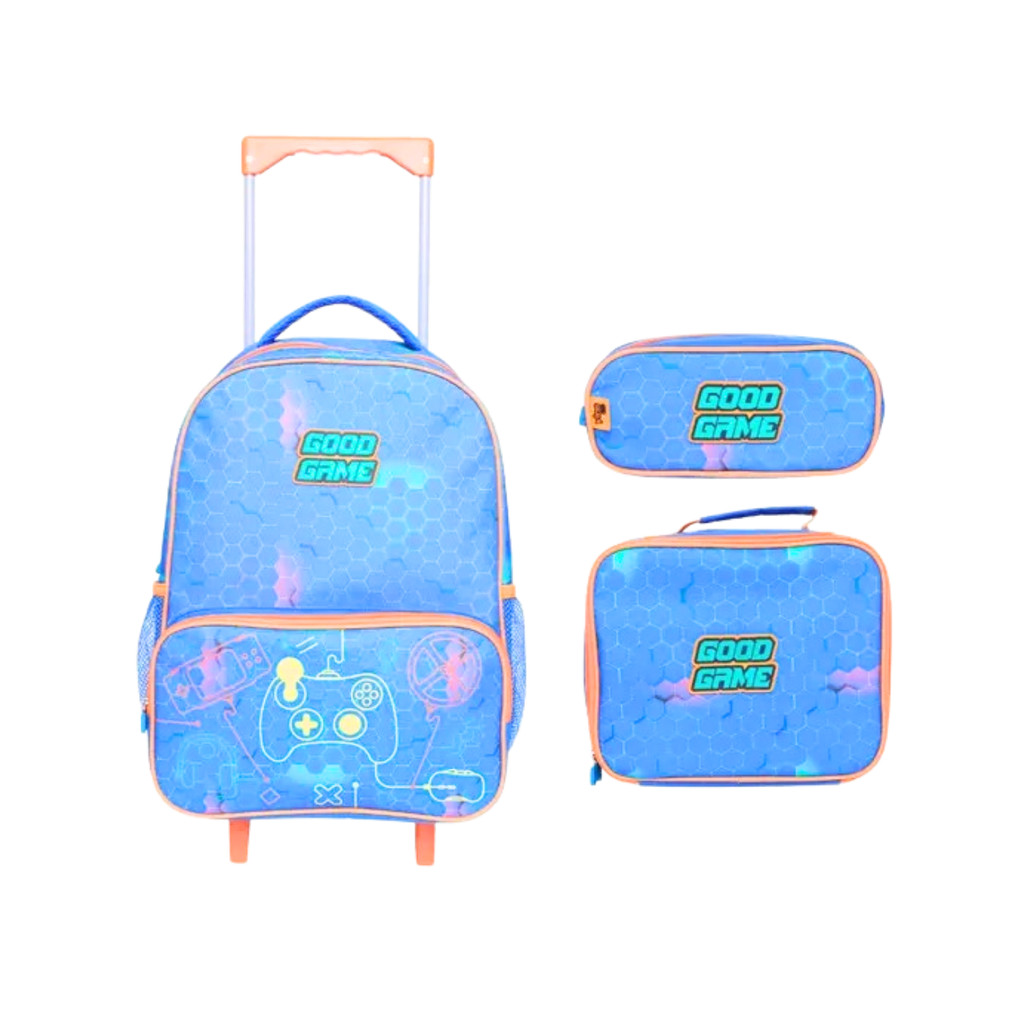 Kit Mochila Rodinha e Costas Vídeo Game Lancheira Estojo 3 Peças
