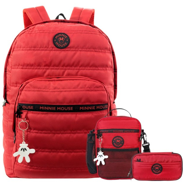 Kit Mochila De Costas + Lancheira + Estojo Vermelho Minnie Mouse
