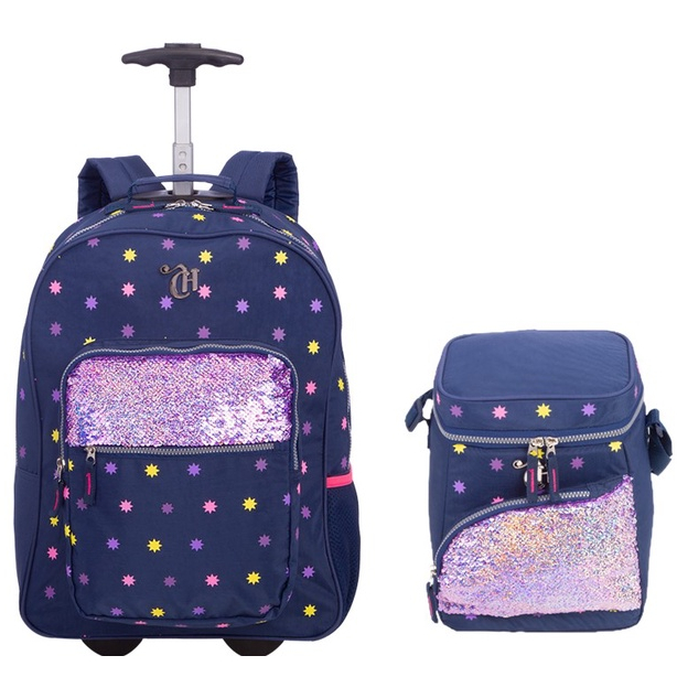 Kit Conjunto Escolar Capricho Lantejoula Mochila de Rodas e Costas + Lancheira Térmica