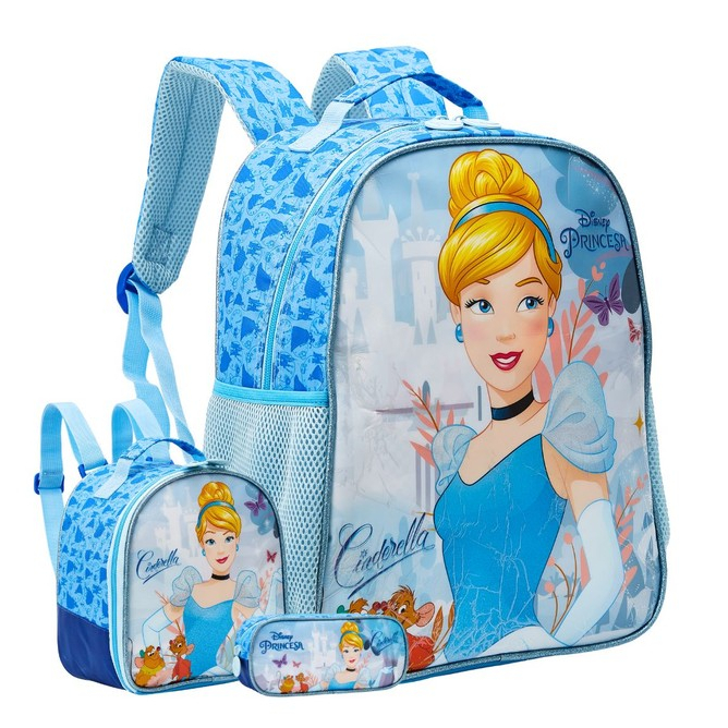 Kit Mochila De Costas + Lancheira + Estojo Cinderela Original