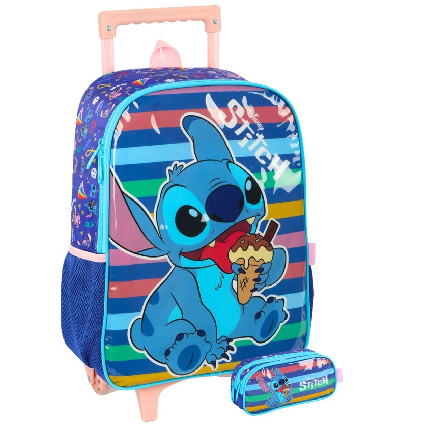 Kit Conjunto Escolar Lilo Stitch Mochila Rodinha e Costas + Estojo Penal Duplo Infantil