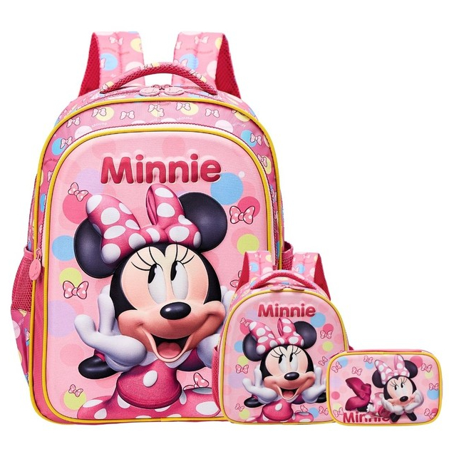 Kit Escolar Minnie Mouse Mochila Costas + Lancheira Térmica + Estojo Box