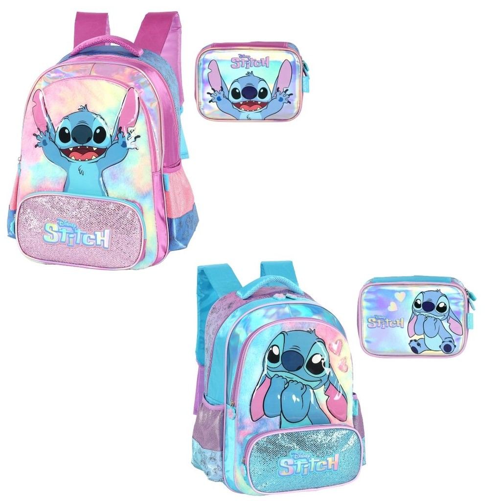 Kit Mochila Costas e Estojo Stitch 3D em Alto Relevo