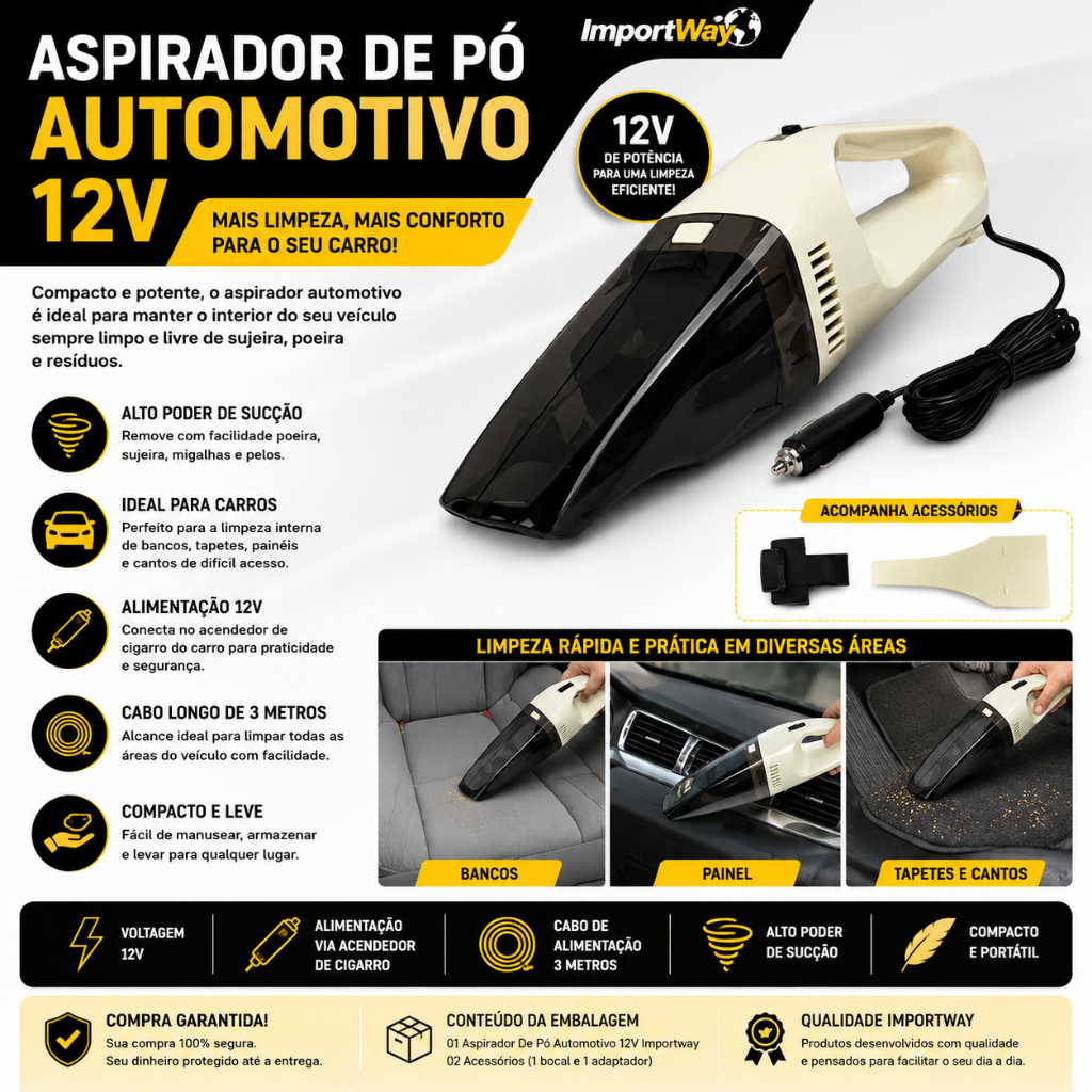 Aspirador De Pó Automotivo Importway 12v Potente Portátil