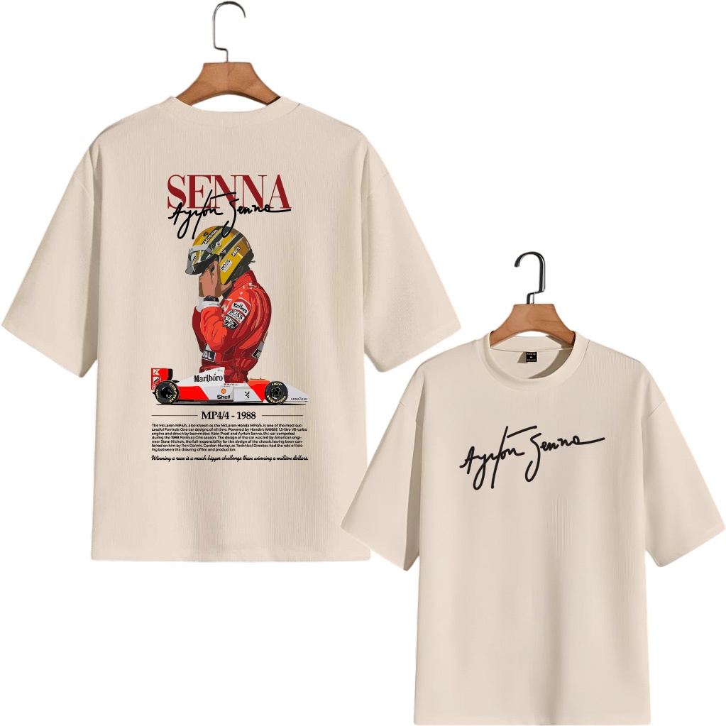 Camiseta McLaren Racing Ayrton Senna MP4/4 1988 Frente e verso coleção Fated Car print 100% Algodão unissex