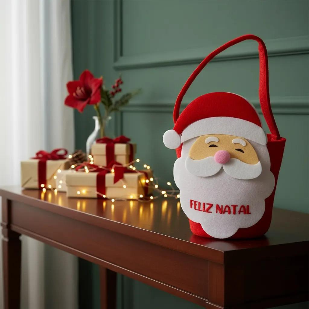 Cesta Natalina Do Papai Noel Feltro De 11x10cm Feliz Natal - Cor: Vermelho