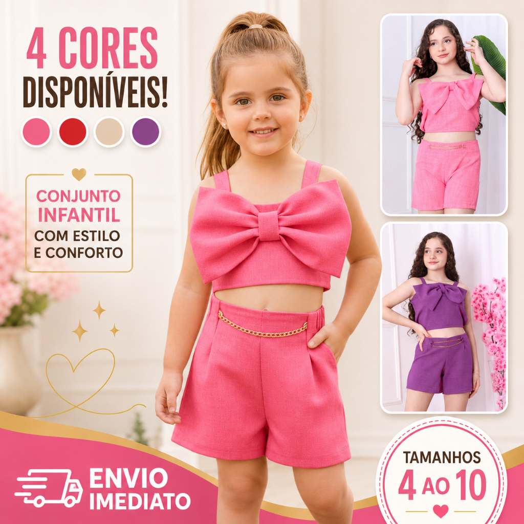 Conjunto Bloquerinha com Laço e Short com Corrente Alfaiataria Luxo - ENVIO IMEDIATO !!!