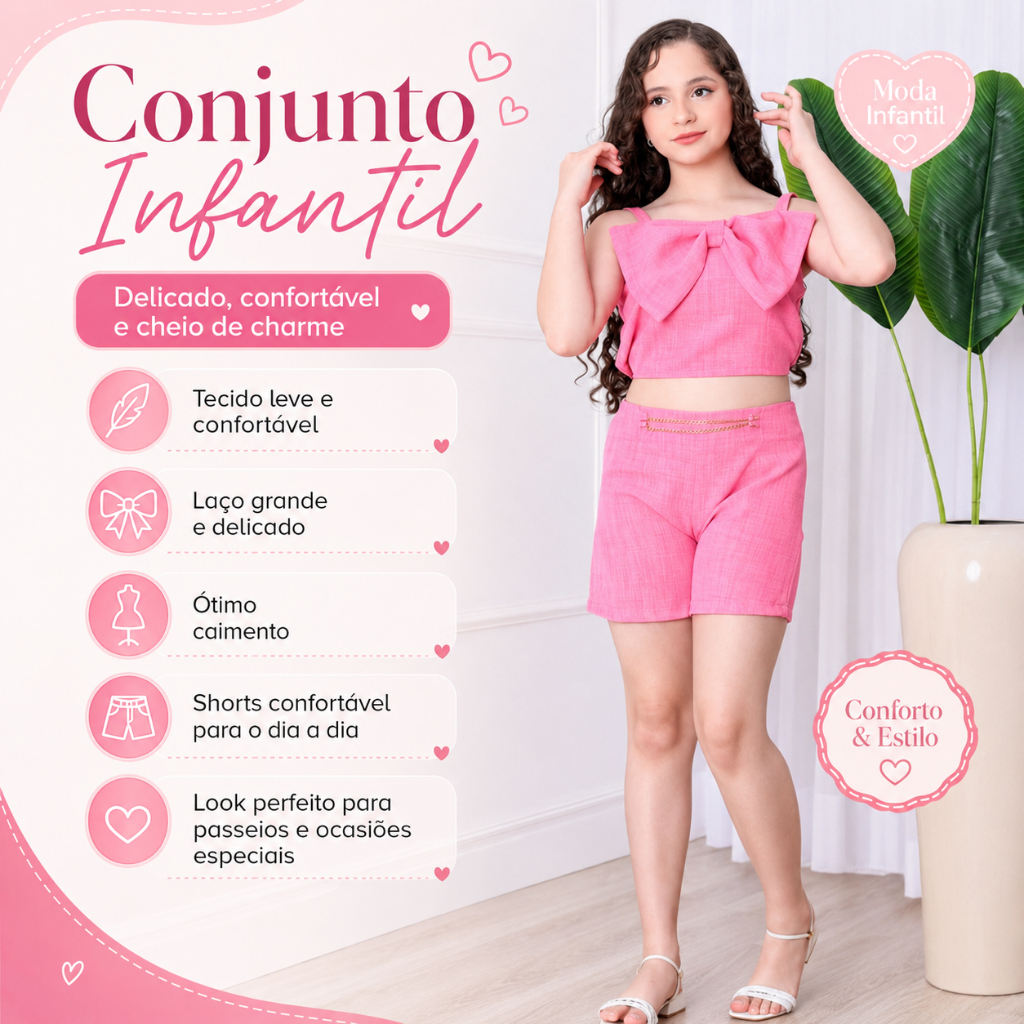 Conjunto Menina Bloquerinha Laço e Short com Corrente Alfaiataria TAM 2 ao 10 - ENVIO IMEDIATO !!!