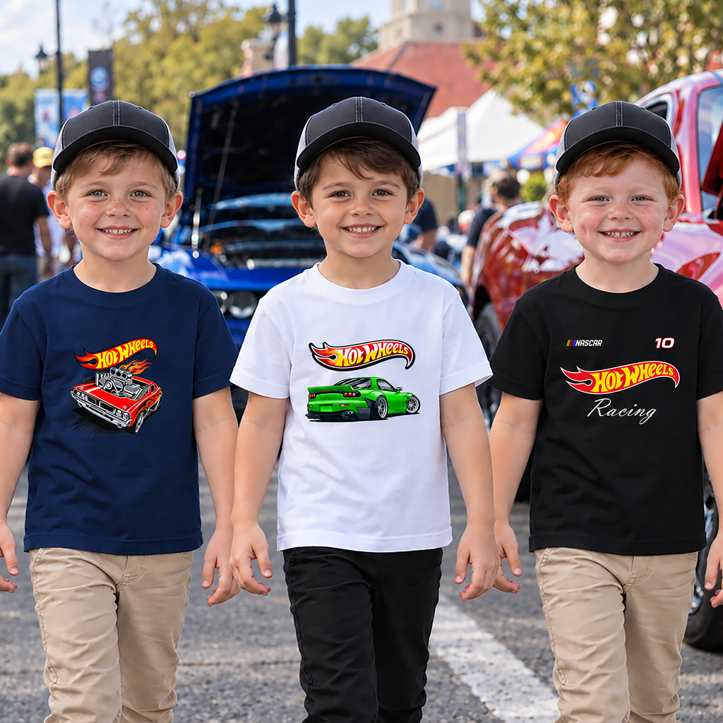 Kit 3 Camisetas Infantil Estampada Menino Hot Wheels | 100% Algodão | Car Street Azul Branca Preta