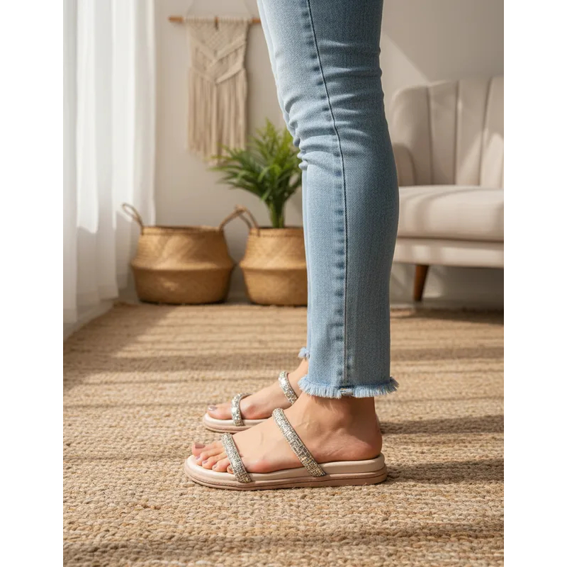 Papete Beira Rio Nude Dourado Strass Casual Feminino Verão